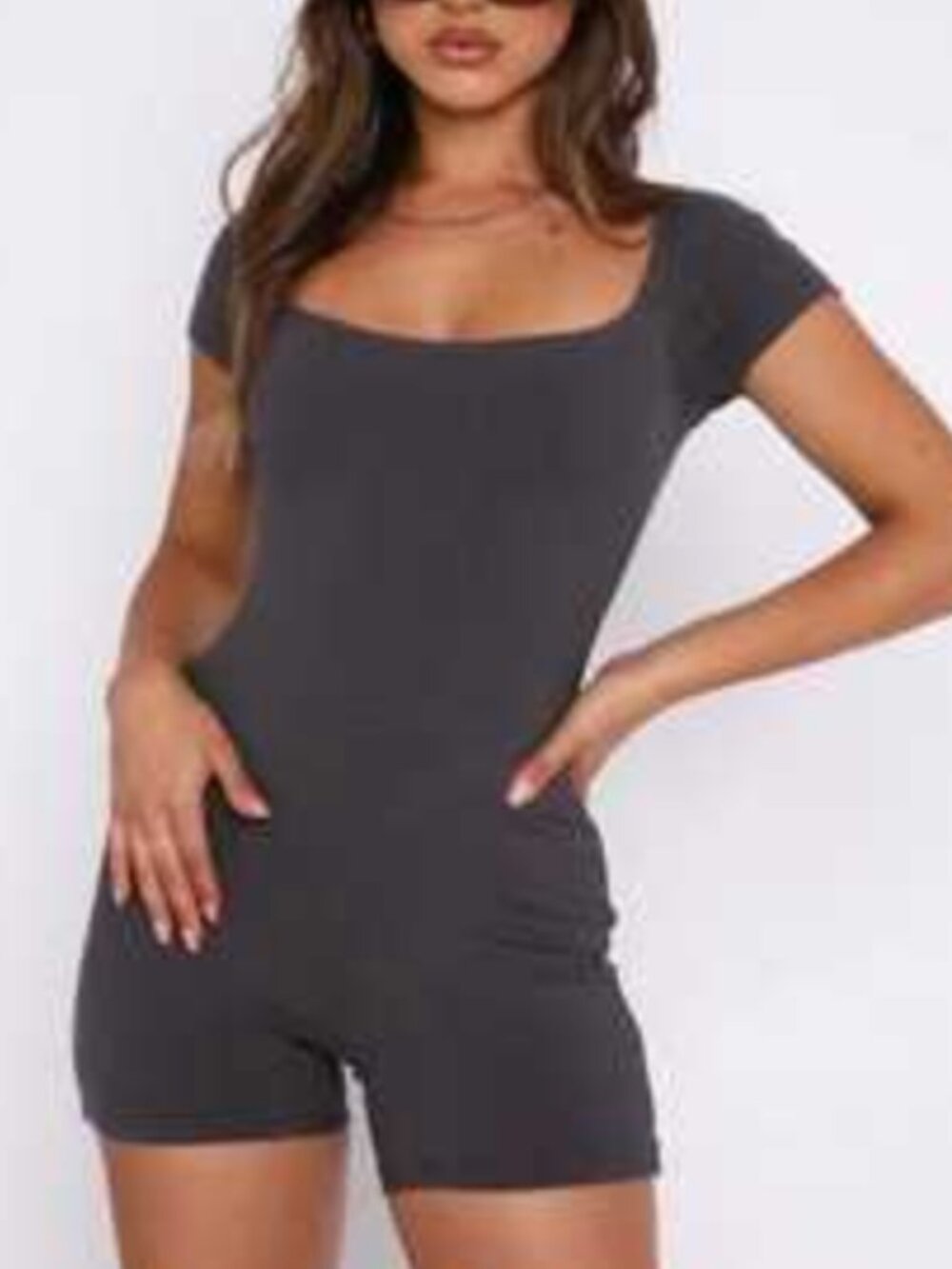 White Fox Boutique Romper Playsuit Ribbed Gray Charcoal S Cap Sleeve Mini Shorts